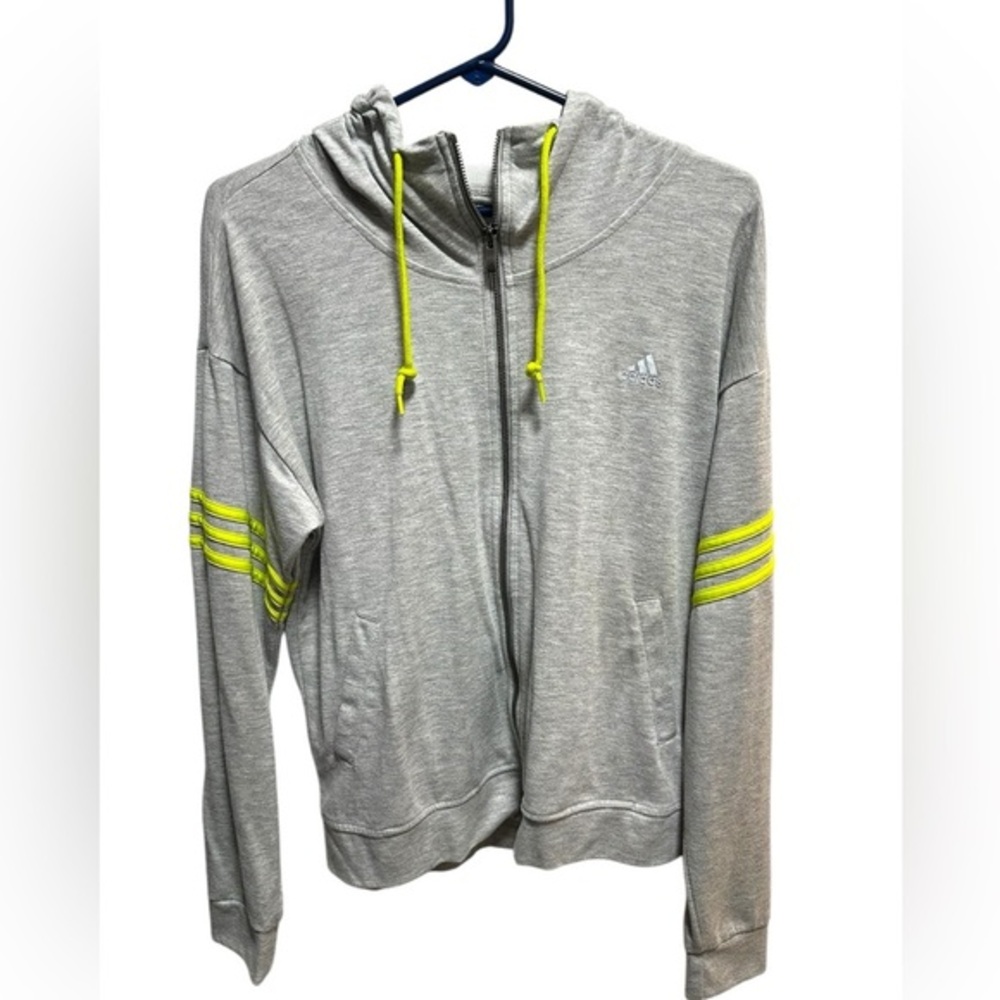 ADIDAS GRAY AND NEON YELLOW ZIP UP HOODIE JACKET